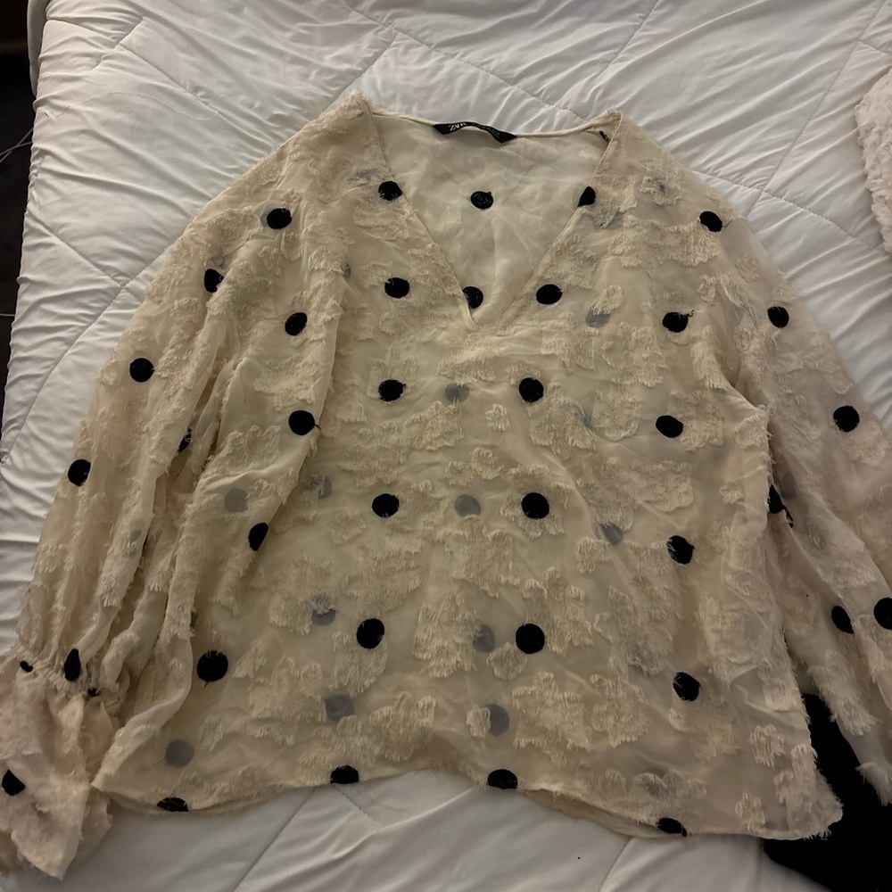 Zara Cream and Black Polka Dot Blouse